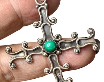 Vintage Cross Pendant, Sterling and Malachite, Southwestern, LA
