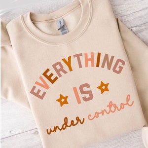 May include: A beige sweatshirt with the text "EVERYTHING IS under control" in a rainbow of colors. The text is in a semi-circle shape with stars on either side of the word "IS".