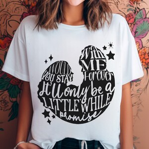 May include: White t-shirt with a black silhouette of a couple with the text "Would you stay with me forever it'll only be a little while promise" inside the silhouette.