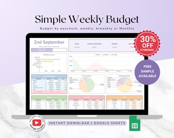 May include: A laptop screen displaying a Google Sheet template for a weekly budget. The sheet is titled "Simple Weekly Budget" and includes sections for income, savings, investments, expenses, and debt. The sheet is dated "2nd September".