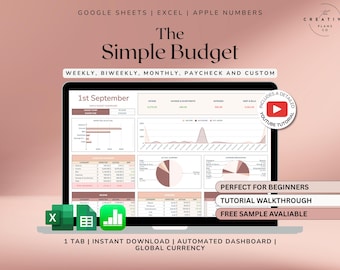 Simple Budget Spreadsheet for Google Sheets Budget Spreadsheet Excel Template Weekly Budget Biweekly Budget Apple Numbers Expense Tracker