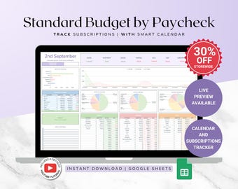 May include: A laptop screen displaying a Google Sheets spreadsheet titled "Standard Budget by Paycheck". The spreadsheet includes a calendar, charts, and tables for tracking income, expenses, and subscriptions. The text "30% OFF STOREWIDE" is displayed in a red circle in the upper right corner of the image.