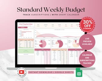 May include: A pink and white Google Sheets spreadsheet template for tracking a weekly budget. The spreadsheet includes sections for income, expenses, subscriptions, and a calendar. The text "Standard Weekly Budget" and "Track Subscriptions with Smart Calendar" is displayed at the top of the spreadsheet. The text "2nd September" is displayed in the upper left corner of the spreadsheet. The text "30% Off Storewide" is displayed in a red circle in the upper right corner of the spreadsheet. The text "Live Preview Available" is displayed in a pink rectangle in the lower right corner of the spreadsheet. The text "Calendar and Subscriptions Tracker" is displayed in a pink rectangle in the lower right corner of the spreadsheet.