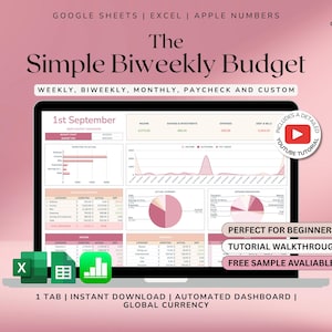 May include: A digital biweekly budget template displayed on a laptop screen. The screen shows charts and tables with financial data. The text includes "The Simple Biweekly Budget" and "1st September". Includes a YouTube tutorial and is perfect for beginners.