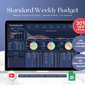 Könnte beinhalten: Ein Laptop-Bildschirm zeigt eine dunkelblaue und graue Google Sheet mit dem Titel "Standard Weekly Budget". Die Tabelle enthält einen Kalender, Diagramme und Tabellen, um Einnahmen und Ausgaben zu verfolgen. Der Text "2nd September" ist oben auf der Tabelle sichtbar. Das Bild enthält auch einen roten Kreis mit dem Text "30% OFF STOREWIDE" und einen blauen Kreis mit dem Text "LIVE PREVIEW AVAILABLE".