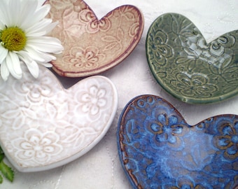 Lace Flower Heart Dish, Pottery Dish, Heart Dish, Handmade Pottery (Heart103)