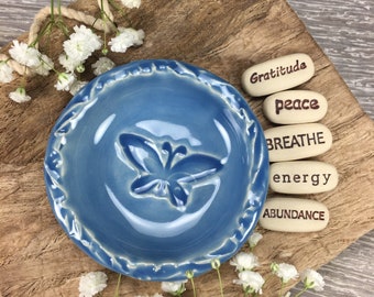 Small Butterfly Bowl with 5 Inspiration Words, Butterfly Dish, Gratitude Gifts, Intention Stones, Yoga Gift (ds116)