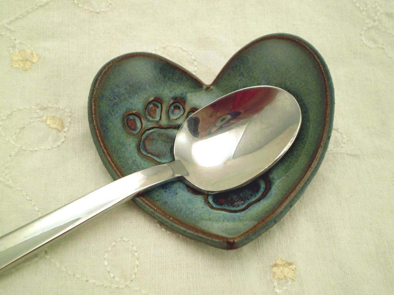 Paw Print Heart Dish, Handmade Pottery Heart106 Blue