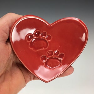 Paw Print Heart Dish, Handmade Pottery Heart106 Red