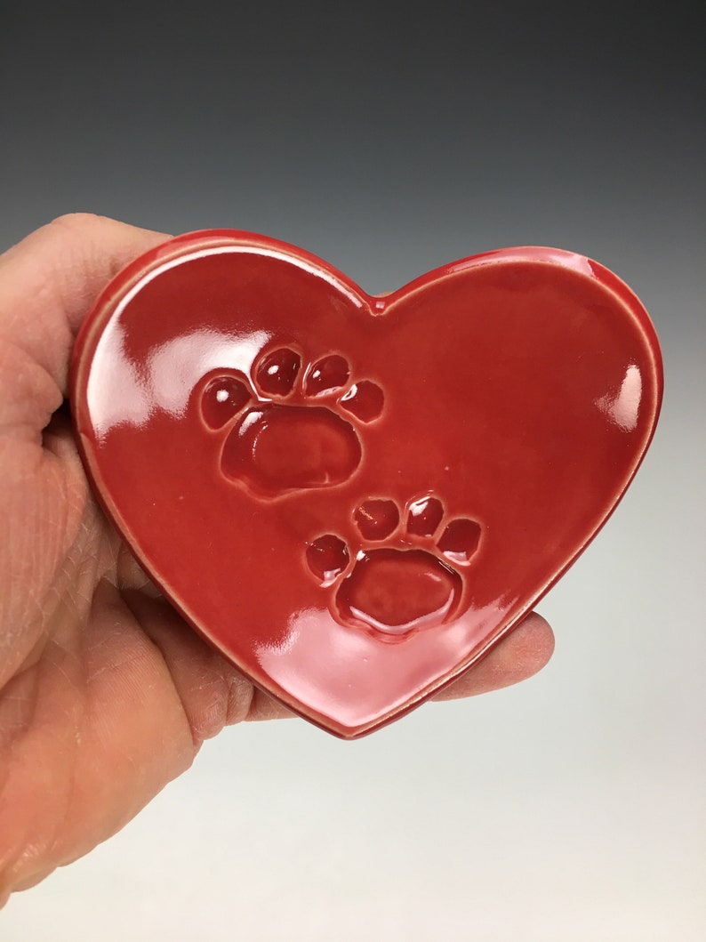 Paw Print Heart Dish, Handmade Pottery Heart106 Red