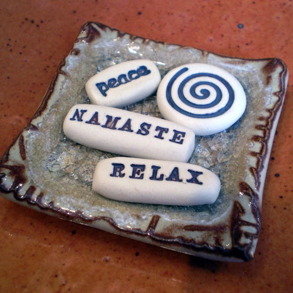 Inspirational Gift,  Message Words and Ceramic Dish with Recycled Glass, "Namaste, Relax, Peace, Spiral"