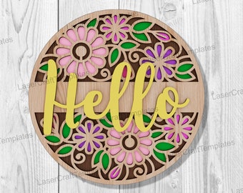 Letrero redondo para puerta, diseño floral multicapa cortado con láser, en formato SVG.