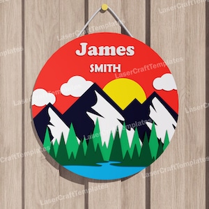 Laser cut Mountain Baby Name Sign Svg File Glowforge forest baby name Door Hanger svg cricut Multilayer baby name sign dxf vector template