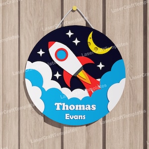 Laser cut Rocket Baby Name Sign Svg File Glowforge  rocket kids name Door Hanger svg cricut Multilayer baby name sign dxf vector template