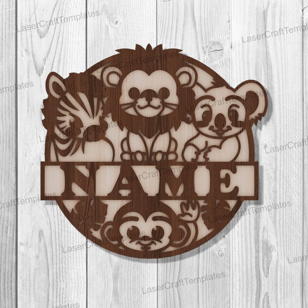 Animals Baby Name Sign laser cut svg file Glowforge animals baby name Door Hanger svg cricut Multilayer baby name sign dxf vector template