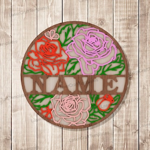 Lasergeschnittene Rosenblumen Namensschild SVG-Vorlage Glowforge Rosenblumen Türhänger SVG Mehrschichtige Blumen Namensschild Wanddekoration dxf CNC-Vektor