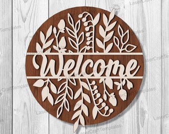 Welcome Flowers Sign laser cut svg template Glowforge Flowers Door Hanger Multilayer welcome sign wall decor Welcome Floral door sign dxf