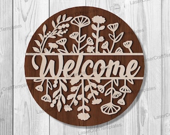 Laserskurna blommor välkomstskylt svg mall Glowforge blommor dörrhängare flerskiktad välkomstskylt väggdekor Välkommen blommig dörrskylt dxf