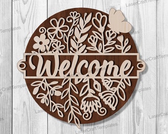 Blommor välkomstskylt laserskuren svg-fil Glowforge blommor dörrhängare flerskiktad välkomstskylt väggdekor Välkommen blommig dörrskylt dxf