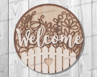 Laser cut welcome Flowers Sign svg template Glowforge Flowers Door Hanger Multilayer welcome sign wall decor Floral door sign dxf vector
