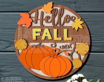 Letrero redondo de pared otoñal multicapa con diseño de calabaza cortada con láser SVG "Hello Fall"