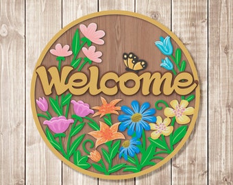 Round Floral Welcome Sign SVG Laser Cut Multilayer Door Hanger Spring Decor