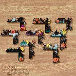 Bundle de 9 coins de porte Halloween découpés au laser fichier svg Glowforge multicouches de garnitures de porte Halloween coins de porte Halloween signe modèle dxf