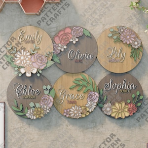 Laser Floral Namensschild Türschild Bundle svg Datei Glowforge Blumen Türschild Lasersvg Multilayer Willkommensschild Dekor Florales Türschild dxf
