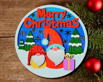 Christmas Gnome Door Hanger SVG Laser Cut Multilayer Round Wall Sign