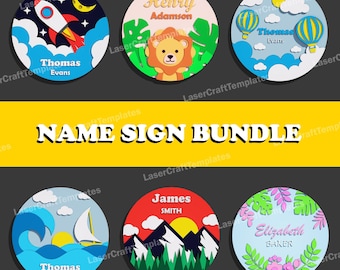 May include: A set of six printable name sign templates featuring various themes, including a rocket ship, a lion, a hot air balloon, a sailboat, mountains, and flowers. Each template includes a space for a name and a design element.