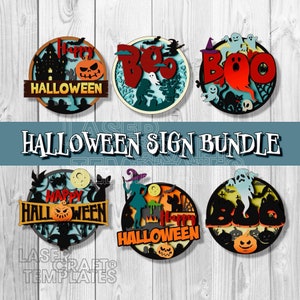 Halloween Boo Round Door Hanger 6 Bundle file svg tagliato al laser Glowforge Multilayer Halloween cartello decorazione da parete Halloween cartello porta dxf vettore
