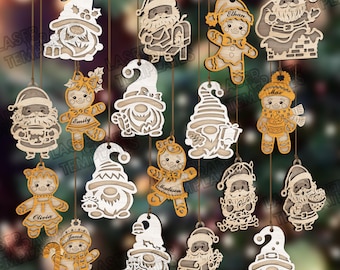 18 Adornos navideños cortados con láser en formato SVG: Papá Noel, gnomo, pan de jengibre, decoración para árbol.