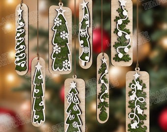 8 Christmas Tree Ornaments Laser Cut SVG Multilayer Pine Hanging Decor