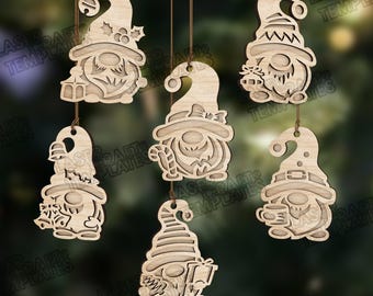 May include: Wooden gnome ornaments with various designs, including gnomes holding lanterns, gifts, and mugs. Each ornament is laser-cut with intricate details and suspended by a brown string. The ornaments are a light brown color and are perfect for holiday decorations.