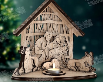 Nativity Scene Candle Holder SVG Laser Cut 3D Christmas Tealight Lantern
