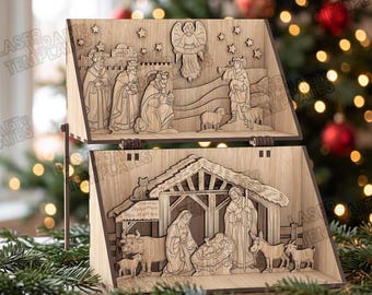 May include: A two-tiered wooden nativity scene featuring laser-cut figures. The top tier displays the three wise men, an angel, and a shepherd with sheep. The bottom tier shows the holy family in a stable with a cow, donkey, and goat.