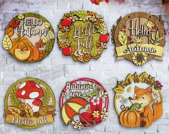 6 Letreros de calabaza de otoño SVG Cortado con láser Multicapa Colgador de puerta de Acción de Gracias