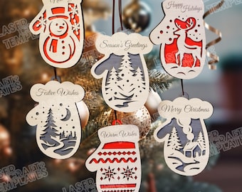 Christmas gloves 6 ornaments laser cut svg cutting file Glowforge Layered Christmas ornaments svg Christmas ornaments dxf Christmas laser