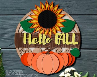 Letrero de pared "Hola Otoño" cortado con láser SVG multicapa redondo para colgar en la puerta, decoración de calabaza