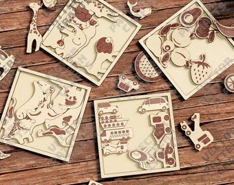 4 Montessori Puzzle Laser Cut SVG Kids Wooden Animal Educational Toy