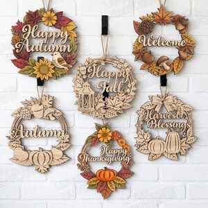 6 Fall Wreath Sign SVG Laser Cut Multilayer Autumn Door Hanger Decor