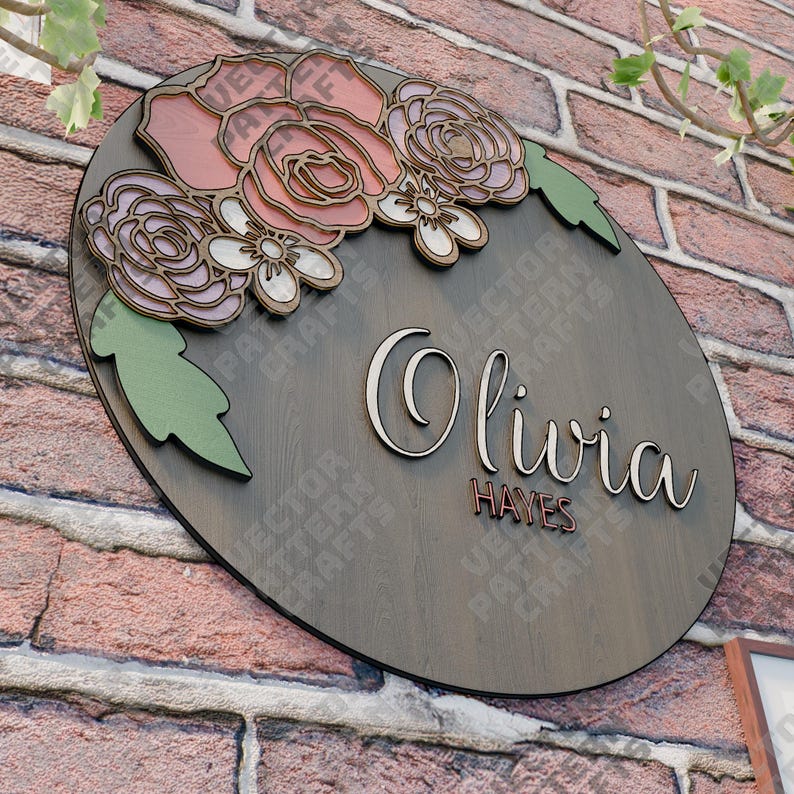 Multilayer Rose Name Sign SVG Laser Cut Floral Door Hanger - Etsy