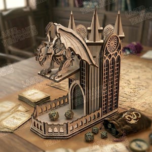 May include: A wooden dice tower with a gothic cathedral design, featuring a gargoyle and arched windows. Includes a dice tray, dice, and a velvet bag with a dragon emblem. The tower is made of light brown wood.