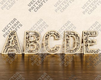 Letras del alfabeto de flores cortadas con láser archivo SVG Glowforge flores decoración de letras SVG Cricut Letras del alfabeto de flores silvestres DXF Alfabeto cortado con láser