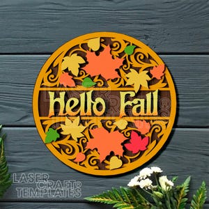 Hallo Herbst Runde Willkommensschild Laser geschnitten svg Datei Glowforge Herbst Türschild Multilayer Herbstschild Wanddekoration Hallo Herbstschild Dxf CNC Vektor