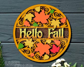 Hello Fall Sign SVG Laser Cut Multilayer Round Autumn Leaf Door Hanger