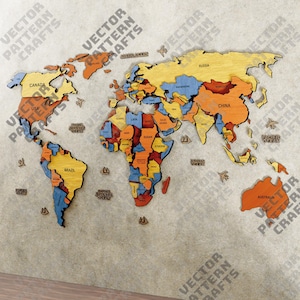 Lasergesneden wereldkaart muur kunst decor svg-bestand Glowforge meerlagige wereldkaart 3D-muurkunst svg cricut wereldkaart wandpaneel dxf-sjabloon