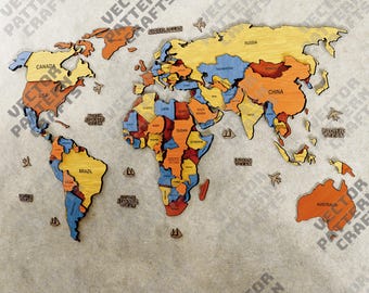 Archivo SVG de decoración de pared con mapa del mundo cortado con láser, mapa del mundo multicapa Glowforge, arte de pared 3D SVG Cricut, plantilla DXF de panel de pared con mapa del mundo