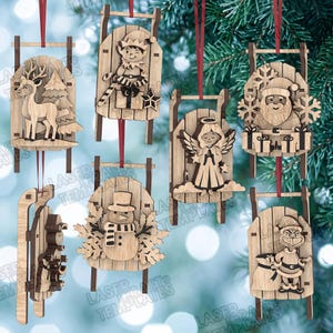 May include: A collection of six wooden sled ornaments hanging by red ribbons, featuring laser-cut designs of a reindeer, an elf, a snowman, an angel, Santa Claus, and a green character, each with intricate layered details and natural wood tones.