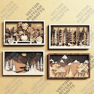 Lot de 4 panneaux muraux montagne multicouches découpés au laser fichier svg Glowforge multicouche montagne 3D art mural svg cricut Montagne panneau mural dxf cnc